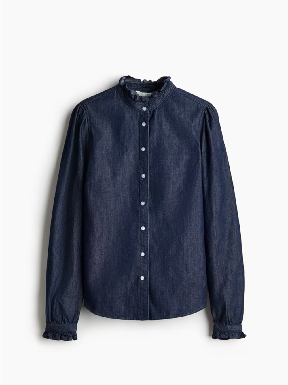 H&M Dark Denim Ruffle Collar Button-Up Blouse LARGE